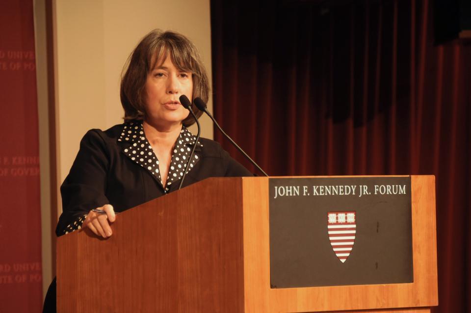 Sheila C. Bair, chairman of the Federal Deposit Insurance Corporation, discusses how to end the idea of "too big to fail" and speaks on the implications of the new financial reform law before taking questions from the audience at the JFK Jr. Forum yesterday. "Even as we deal with the aftermath of the current [economic] crisis," she said, "we know there are new problems on the horizon." 