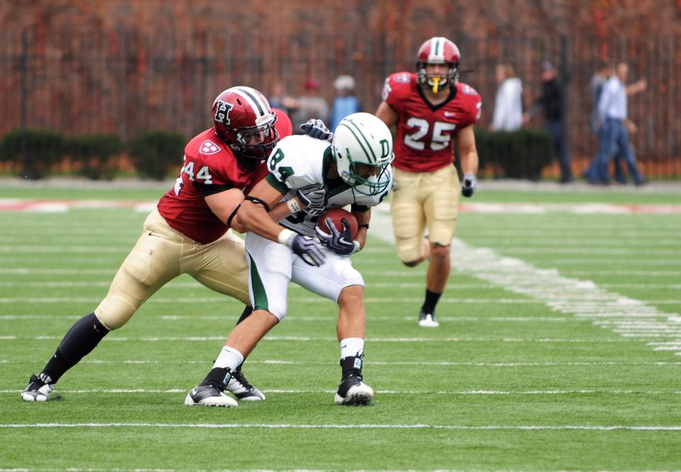 Ever since sophomore Colton Chapple was named starting quarterback, sophomore tight end Kyle Juszczyk, his roommate, shown here in earlier action, has stepped up his play. Juszczyk has caught nine passes for 90 yards and two touchdowns over his last three games, including a breakout five-catch 58-yard performance last week against Lehigh.