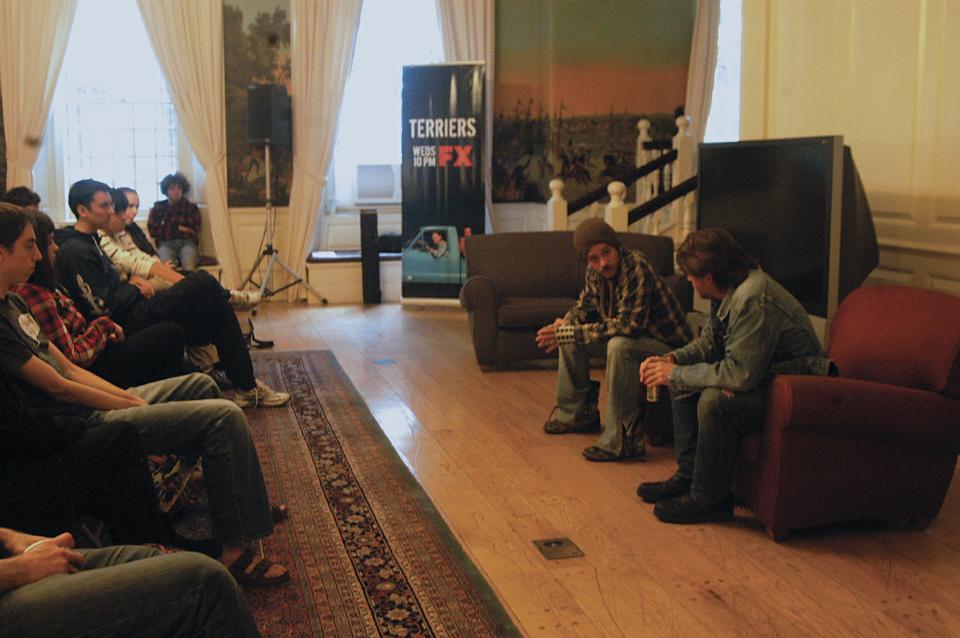 Students gather in the Lowell House Junior Common Room to watch a screening of FX’s new show, “Terriers,” and hear from its stars, Donal Logue ‘89 (“Charlie St. Cloud”) and Michael Raymond-James (“True Blood”).