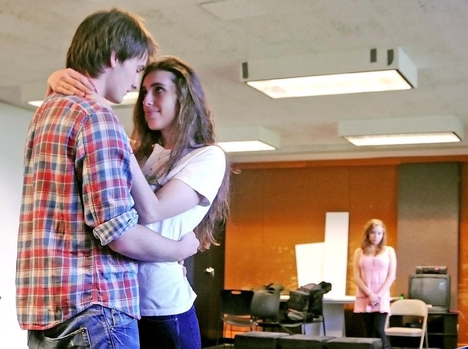 Caleb Thompson and Sara Lytle enact a scene between the lovers Antony and Cleopatra, in preparation for the Harvard-Radcliffe Dramatic Club's staging of Shakespeare's tragedy, Antony and Cleopatra. 