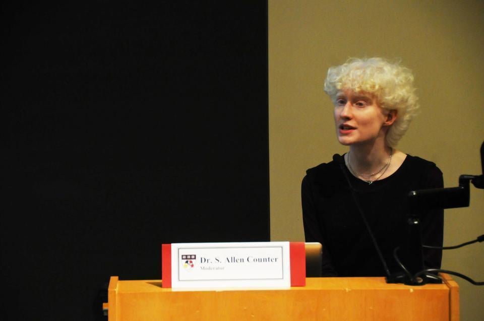 Marina M.A. Connelly '12 shares her experiences living with albinism in Australia and in the United States during a panel discussion sponsored by the Harvard Foundation that focused on the violence against people with albinism worldwide.  
