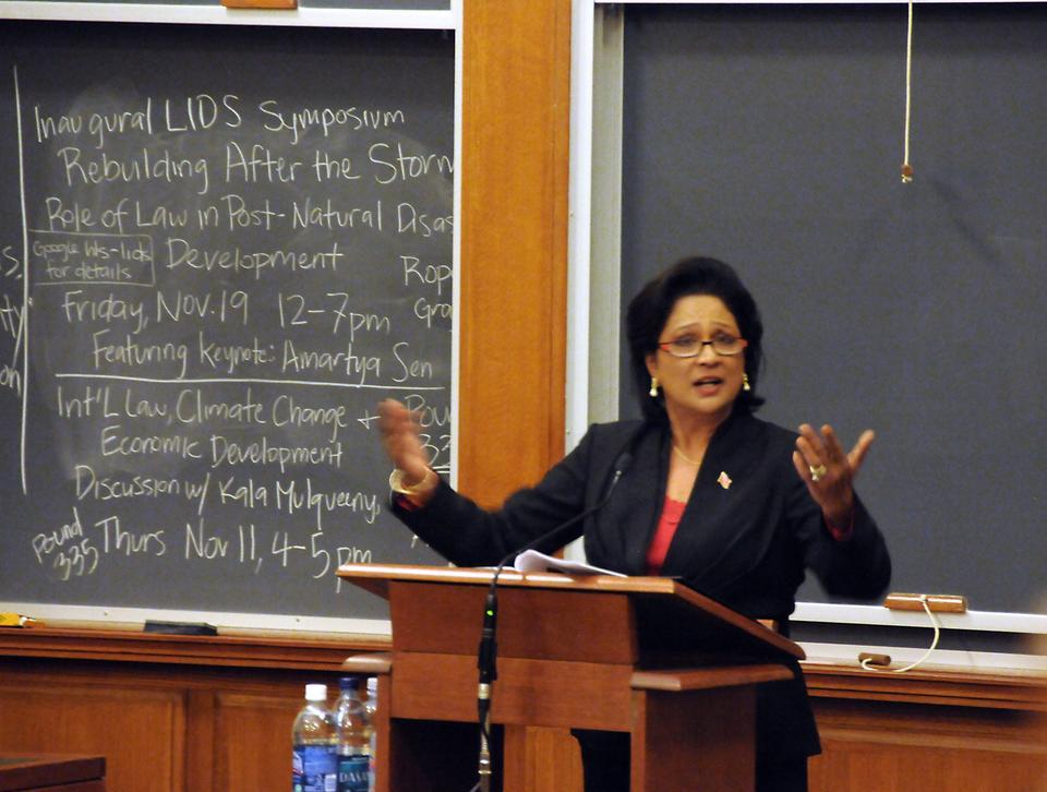 The first female Prime Minister of Trinidad and Tobago, Kamla Persad-Bissessar, speaking on leadership and cooperation at the Harvard Law School.  