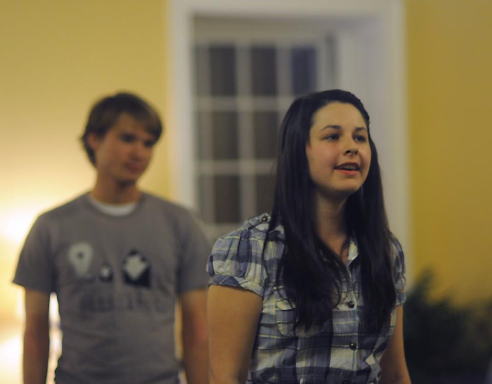 Morgan Henry '14 (front) and Jackson Kernion '12 rehearse for Disney Revue, a comedic adaptation of classic Disney songs that opens November 18 in the Adams Pool Theater.