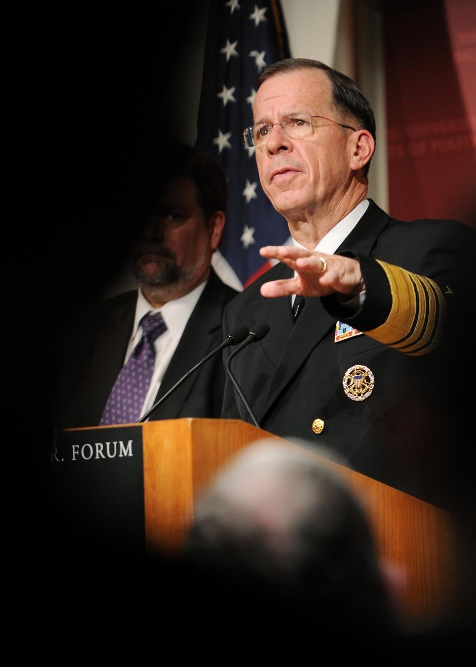 Admiral Mike Mullen, Chairman of the Joint Chiefs of Staff, spoke at the IOP yesterday. Harvard President Drew Faust, in her introduction, made clear that she would welcome ROTC back to Harvard's campus if "Don't Ask, Don't Tell" were repealed.