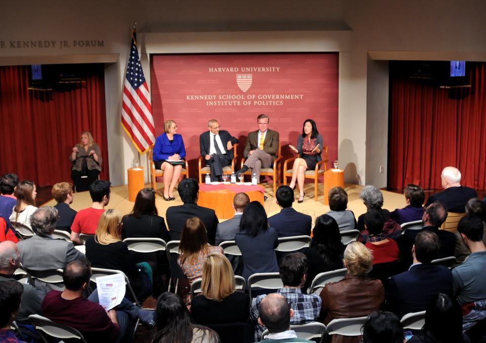 Margarent Spellings, John Podesta, Jeb Bush, and Michelle Rhee speak at the forum "Strange Bedfellows: The Politics of Education and the Future of Reform" in front of a packed crowd at the Institute of Politics.