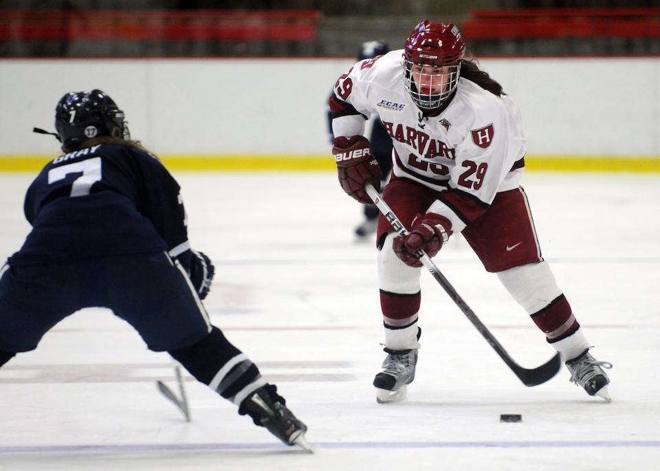 Freshman Elizabeth Parker, shown here in earlier action, scored her first collegiate goal in a 5-3 win over Dartmouth on Friday night. The tally gave Harvard a 3-1 lead late in the second period.