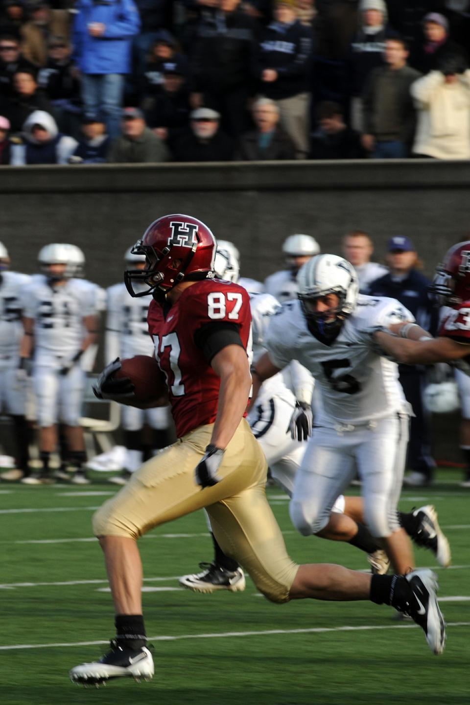 Senior wide receiver Marco Iannuzzi made quite a splash on Saturday against Yale—his first appearance since breaking his clavicle against Lafayette on Oct. 2. He took the opening kickoff of the second half 84 yards for a game-tying touchdown that boosted the Crimson to a 28-21 victory in The Game, earning Iannuzzi the title of Ivy League Special Teams Player of the Week. He also hauled in a 46-yard pass to set up the team’s first touchdown of the day.