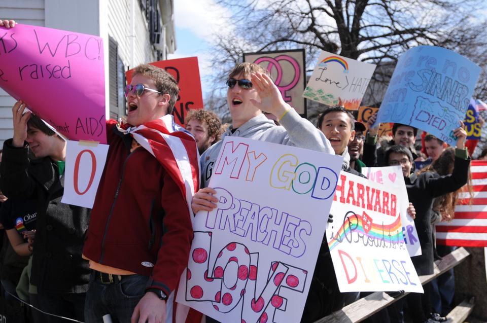 In this Crimson file photo, Harvard students counter-protest the Westboro Baptist Church on March 22, 2009.  Members of the church are planning to picket outside Harvard Hillel this Friday, December 3.
