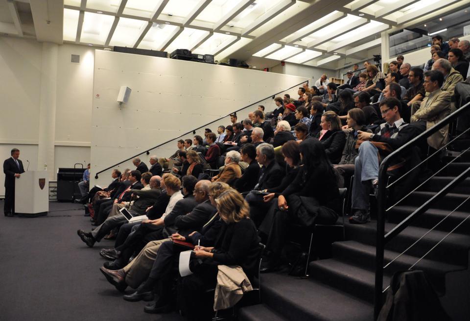 Michael M. Crow, the President of Arizona State University, and a panel participate in a discussion titled "Designing a University for America's Complex Future" at the Harvard Graduate School of Design yesterday. 