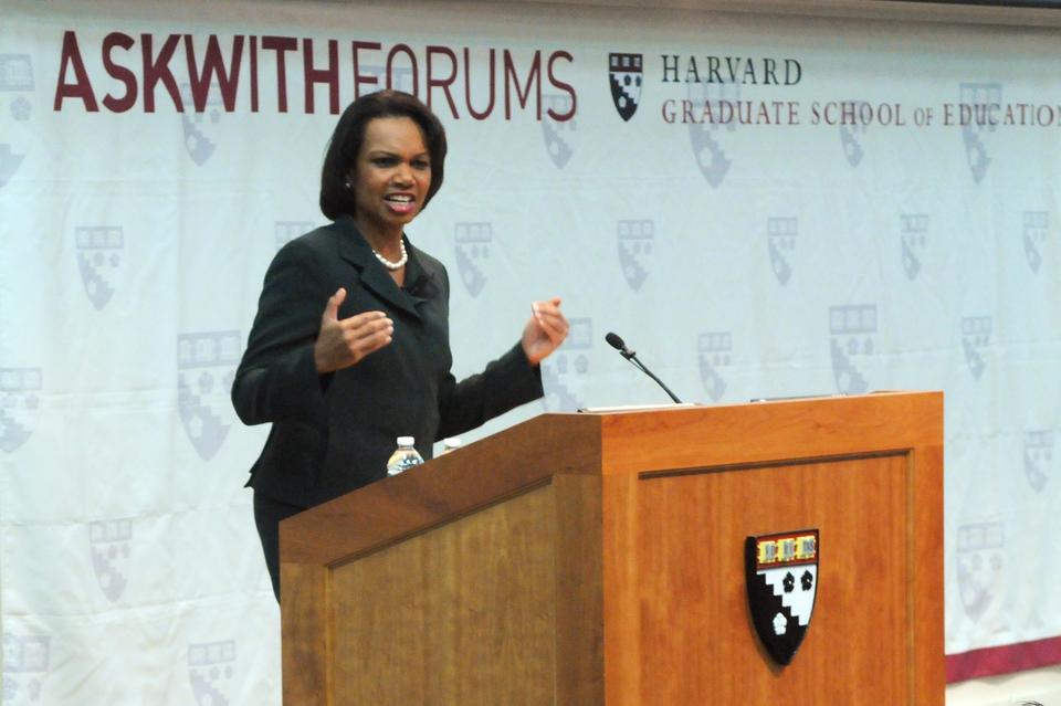 Former Secretary of State Condoleezza Rice spoke yesterday about the importance of a good education in the third and last talk of her lecture series, part of the W.E.B. Du Bois Institute Lecture Series.