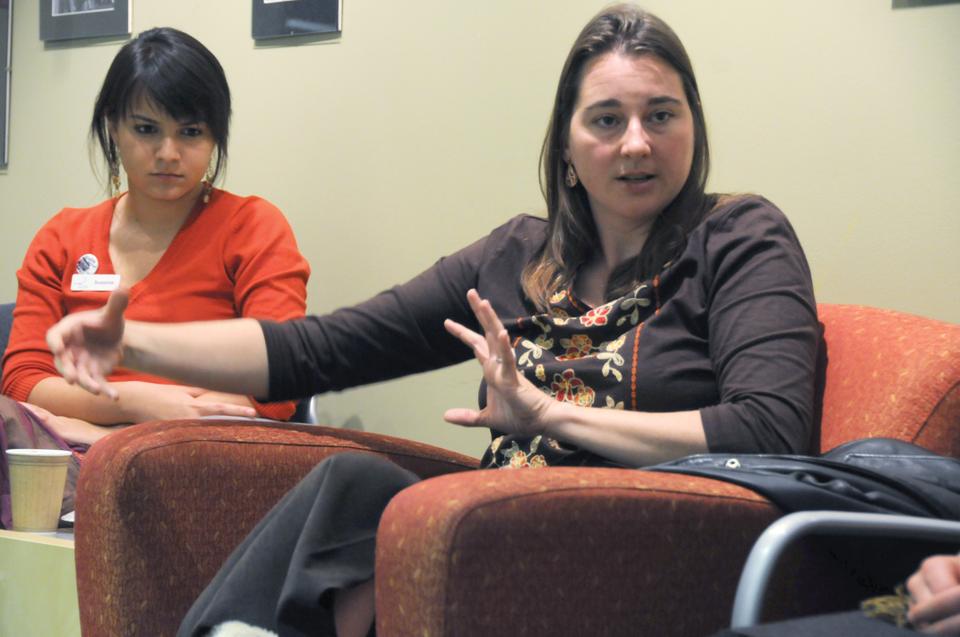Assistant Professor of History and Literature Lisa Brooks speaks to students Wednesday night about her use of writing as a tool of social reconstruction and land reclamation in the Native networks of the northeast.