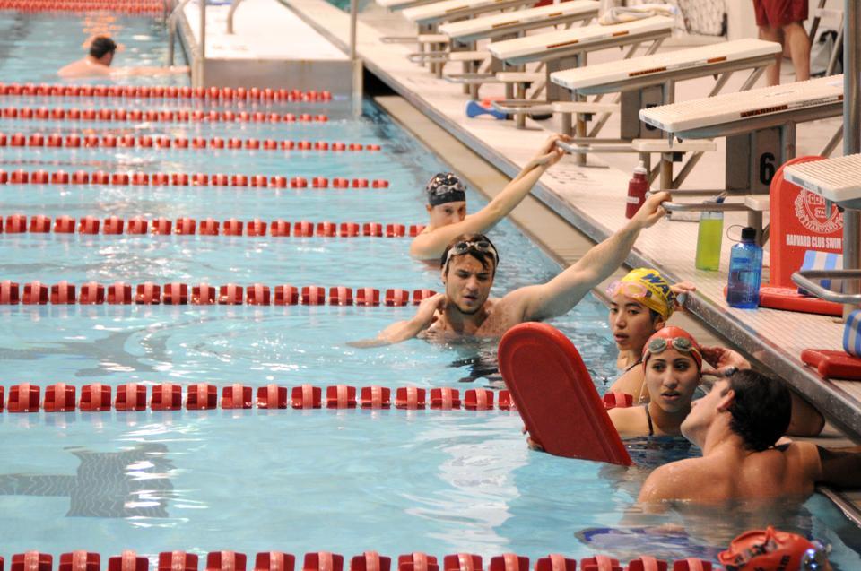 Harvard College students participate in club swimming practice, a recreational team that meets weekly and competes against other universities.