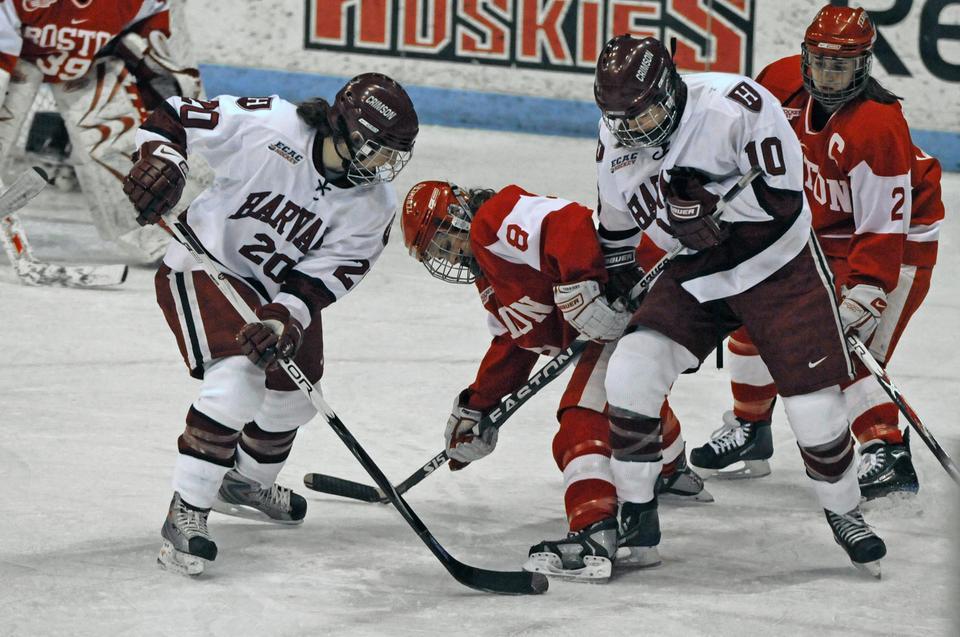 Tri-captain Kate Buesser, shown here in earlier action, scored the winning goal that sealed Harvard's win over Clarkson. The Golden Knights made a final push in the third period to no avail, dropping the contest, 3-2.