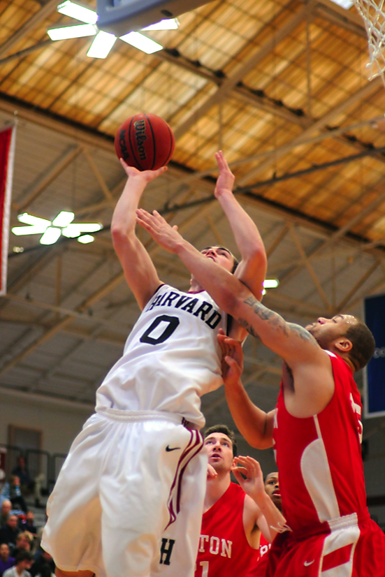 Shown here in earlier action, Harvard freshman Laurent Rivard and his career-high 23 points were the difference in the Crimson's win over Boston College yesterday.