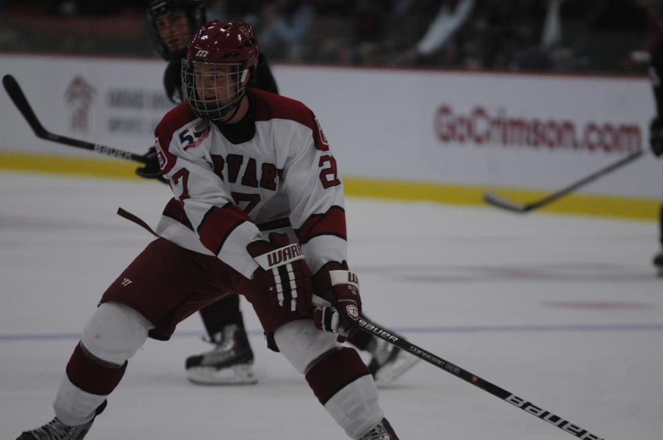 Senior forward Michael Biega, shown here in earlier action, had five shots in the Crimson’s 3-2 loss to Rensselaer Friday night. Biega, who also has eight assists, is tied for the team lead in scoring with six goals in 16 games of play. Harvard takes on Colgate and Cornell at home next weekend.