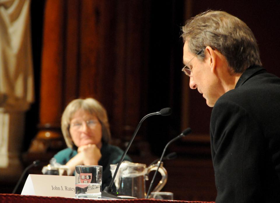 John J. Ratey, MD speaks about the beefits of exercize to peak brain performance during a panel discussion featuring Daniel Lieberman, Christopher McDougall, and Drew Faust.