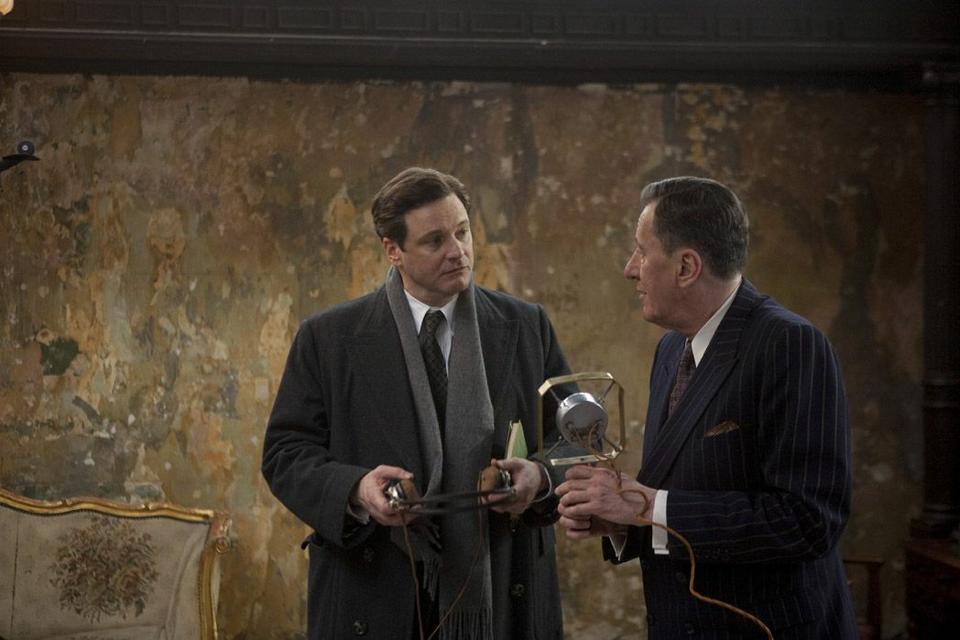 Prince Albert (Colin Firth), future British monarch, and Dr. Lionel Logue (Geoffrey Rush) engage in an unconventional speech therapy session in Tom Hooper’s “The King’s Speech.”