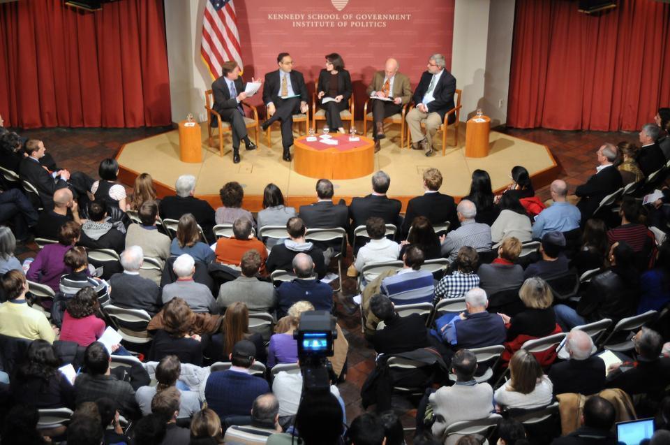 Ambassador R. Nicholas Burns moderates a discussion with Tarek Masoud, Malika Zeghal, Roger Owen, and Rami Khouri (left to right) about Middle Eastern politics in light of recent events in Tunisia, Egypt, and Lebanon at the IOP on Thursday. 