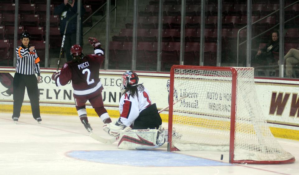 Sophomore Josephine Pucci scored the game-winning goal in sudden-death shootout to send the Crimson to the finals of the Beanpot. Harvard will face Boston College in pursuit of its third title in four years.