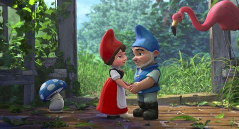 Gnomeo (voiced by James McAvoy) and Juliet (Emily Blunt) hold hands in “Gnomeo & Juliet,” director Kelly Asbury’s animated reimaginging of the Shakespearean classic.