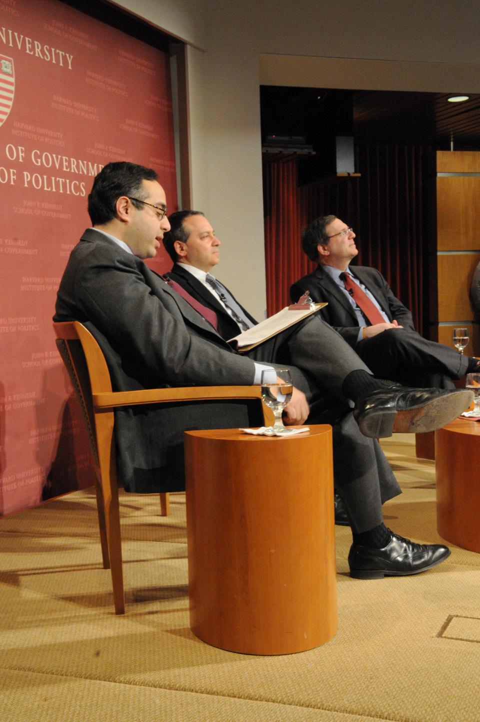 Harvard Kennedy School professor Tarek Masoud moderates "Egypt: The Power of the People" with David E. Sanger of the New York Times and Micah Sifry of the Personal Democracy Forum.Harvard Kennedy School Professor Tarek Masoud moderates "Egypt: The Power of the People," with Micah Sifry of the Personal Democracy Forum and David E. Sanger of The New York Times, at the Institute of Politics.