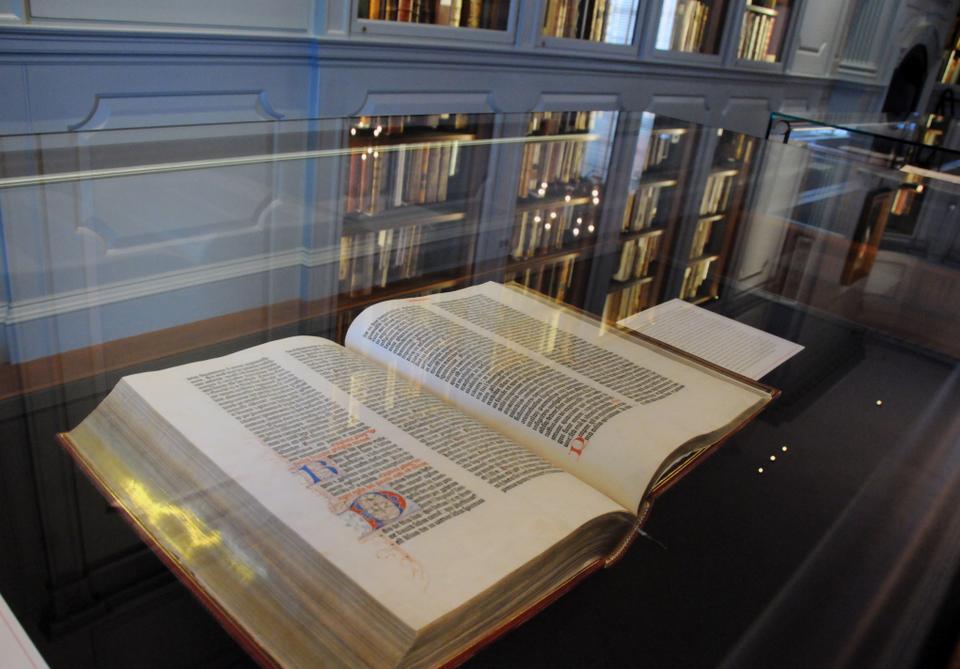 The Gutenberg Bible is on display at the Houghton Library.