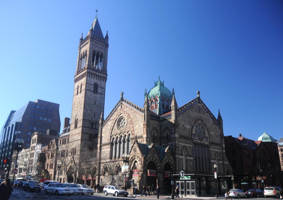 Old South Church, situated next to the Copley Square T stop, was built in 1875. Its antique architecture stands out against the modern backdrop of Boylston Street today.