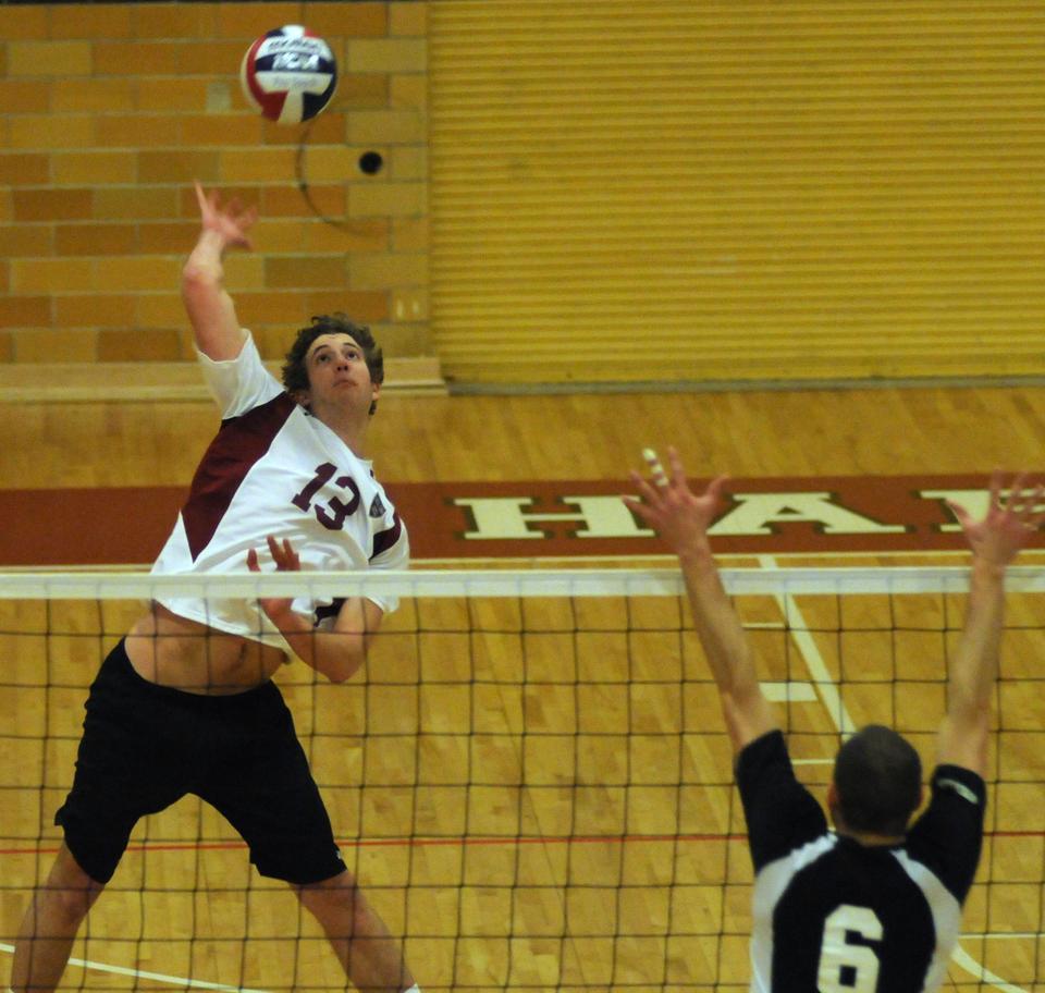Freshman Kyle Rehkemper, shown above in previous action, put in a solid performance over the weekend for the Crimson—recording 23 kills—but it wasn’t enough to propel Harvard to victory. The Crimson dropped two road games, one at Saint Francis Friday and the other at Juniata the next day.