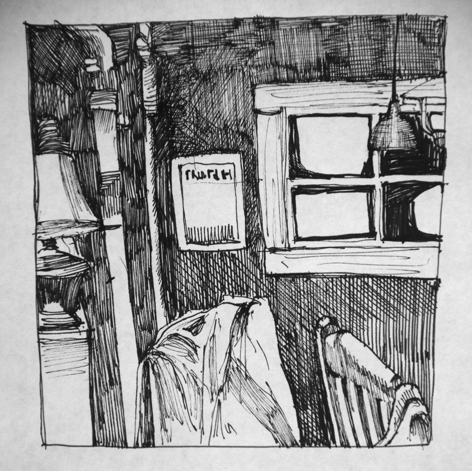 Inside, we hung our clothes up just everywhere, over desks, on the top of lamps, off the edges of bookshelves. They were too damp to drip, everything just soaked into the wood.  