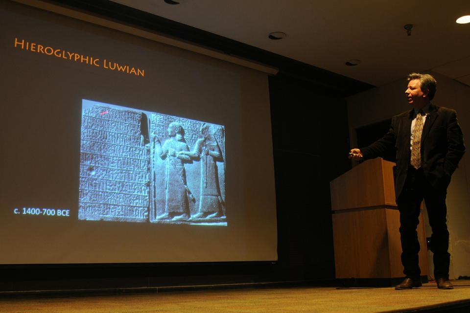 Brown University Professor Stephen Houston discusses the animism and dynamism of Mayan writing in his lecture: "The Living Sign: Maya Hieroglyphs and Vitalized Writing." The lecture brought students and professionals to the Geological Museum Lecture Hall to examine ancient pictoral writing and its relevance in today's world.