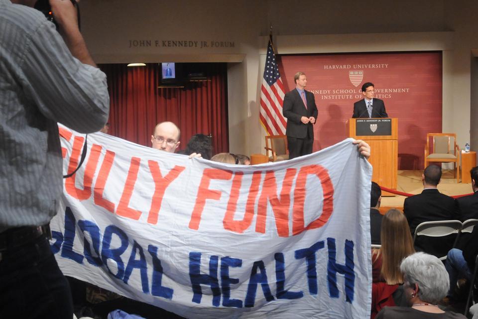 Protestors interrupt the House Majority Leader, Eric Cantor, during his public address at the Institute of Politics Thursday night.