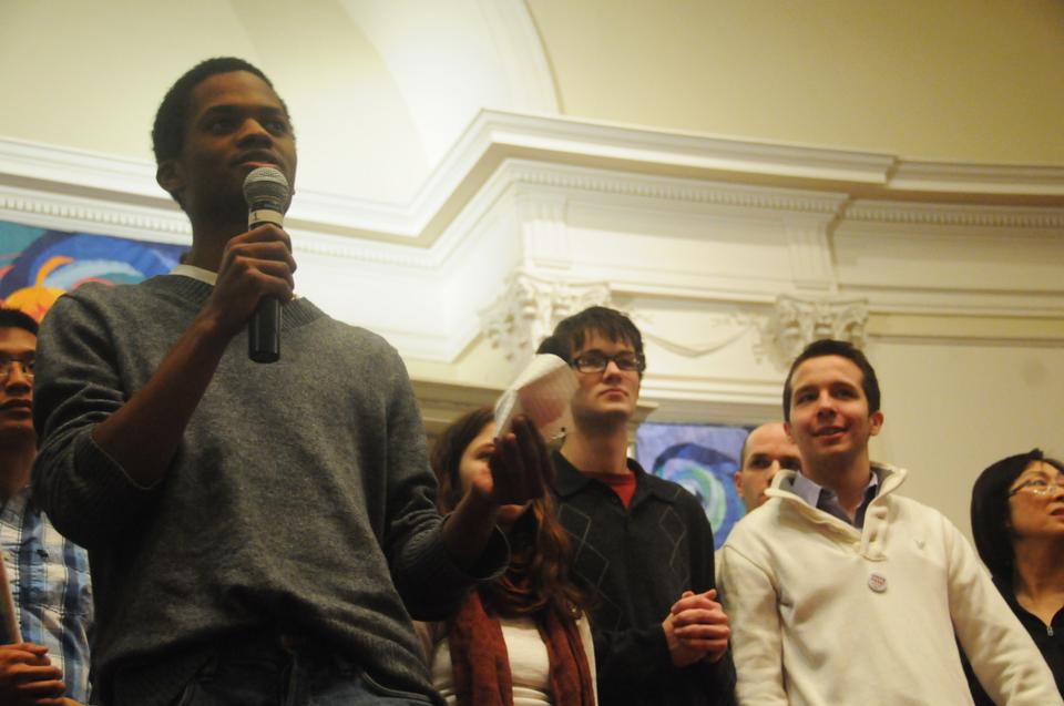 Harvard dining hall workers, Local 26 union representatives, and the Student Labor Action Movement (SLAM) came together at First Parish Church in Cambridge to rally in support of Harvard's dining hall staff.