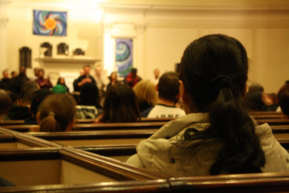 Harvard dining hall workers, Local 26 union representatives, and the Student Labor Action Movement (SLAM) came together at First Parish Church in Cambridge to rally in support of Harvard's dining hall staff.