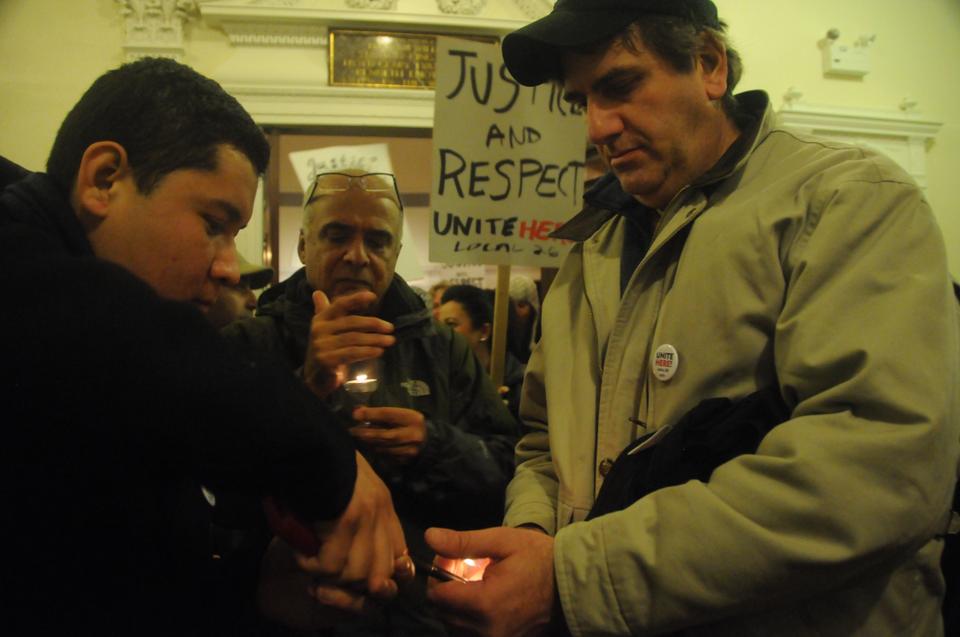 Harvard dining hall workers, Local 26 union representatives, and the Student Labor Action Movement (SLAM) came together at First Parish Church in Cambridge to rally in support of Harvard's dining hall staff.