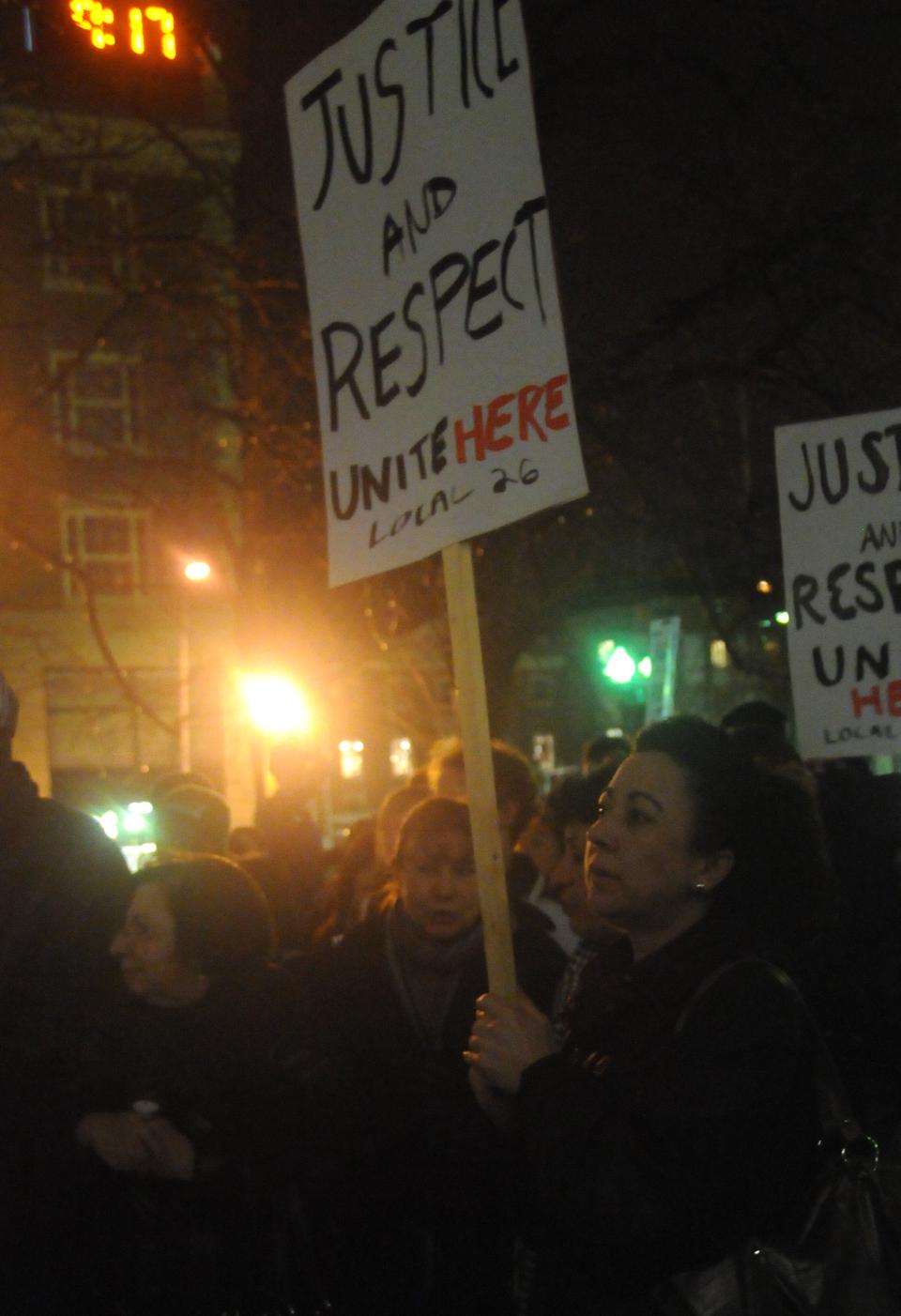 Harvard dining hall workers, Local 26 union representatives, and the Student Labor Action Movement (SLAM) came together at First Parish Church in Cambridge to rally in support of Harvard's dining hall staff.