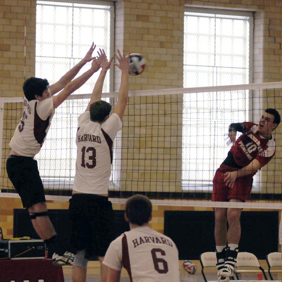 Freshman blocker Kyle Rehkemper (right) had three blocks in a crushing 3-0 loss to Sacred Heart Saturday afternoon. The rookie is ranked second in blocks per set this year for a young Crimson squad that has dropped its past three matches after losing only one of its first six contests. 