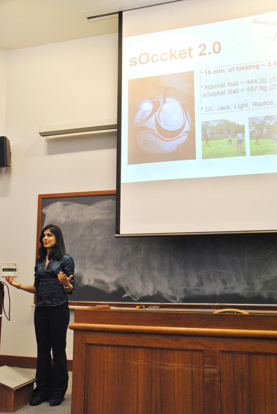 Hemali A. Thakkar '11, co-inventor of the sOccket, discusses the motivation and potential impact of the invention, a soccer ball that captures energy during game play to provide electricity access in developing countries.