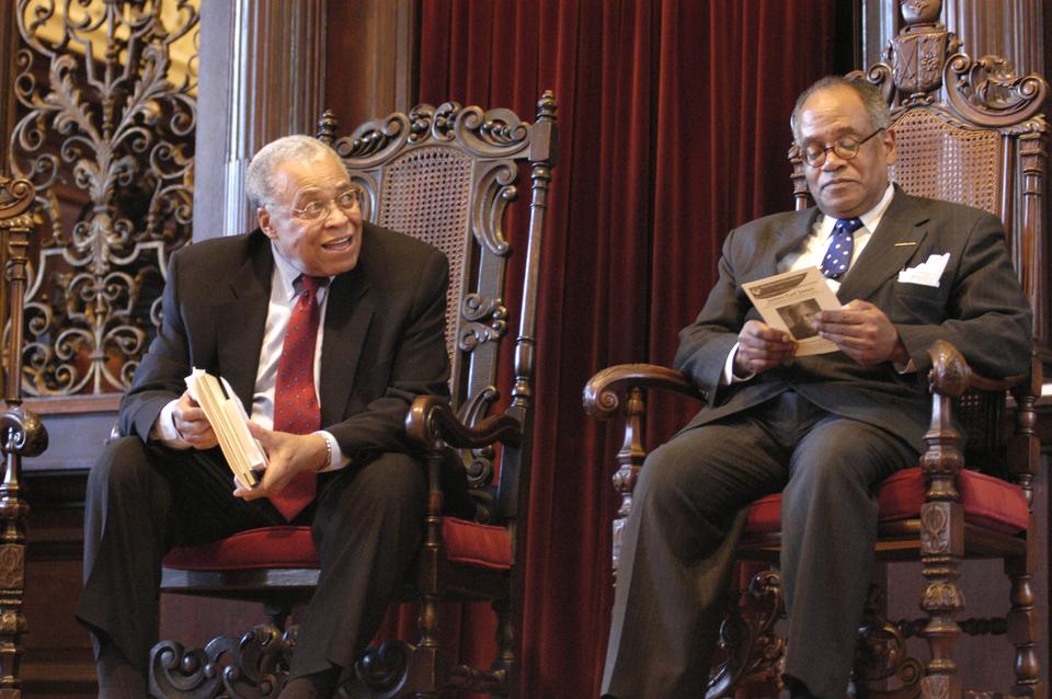 James Earl Jones joins Reverend Peter J. Gomes at Memorial Church during an April, 2004 event sponsored by the Harvard Foundation.
