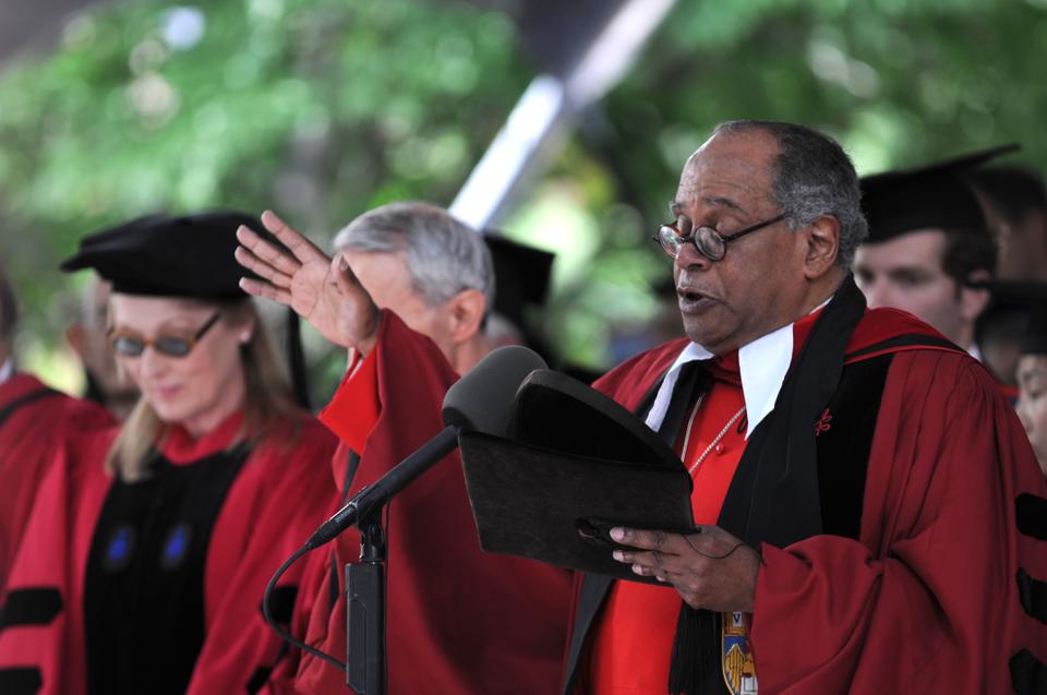 Reverend Peter J. Gomes addresses his audience at Tercentenary Theater during the 2010 Commencement exercises.