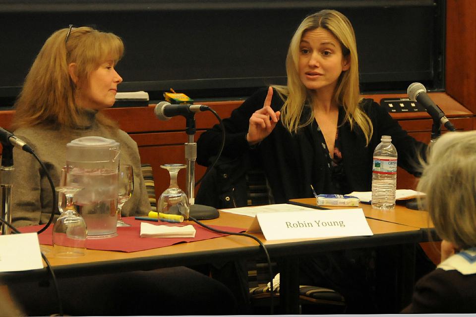 Panelists from the media and museum worlds discuss the interplay between art, culture, and the media in creating the modern global citizen in "Bronzes and Broadcasts: How Museums and the Media Reach Global Audiences" at the Kennedy School. Here, Robin Young, host of 
WBUR radio's "Here and Now" and Jennifer Eccleston, CNN correspondent debate the changing role and landscape of media outlets.