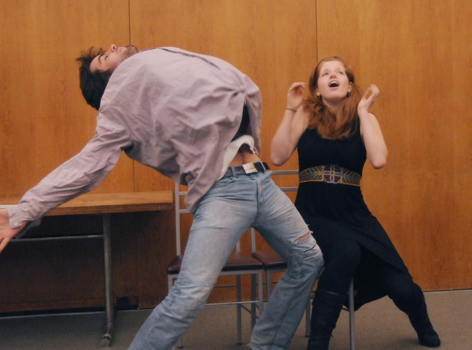 Eduardo Perez-Torres and Michaela Ross perform a scene from Shakespeare's The Merry Wives of Windsor in the Hyperion Shakespeare's Society's comical show "Titus Androgynous".