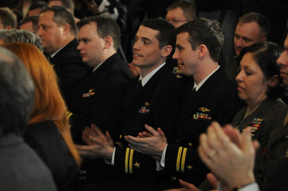 Members of the military community were in attendance on Friday when Drew Faust signed an agreement to re-establish the Naval ROTC at Harvard.