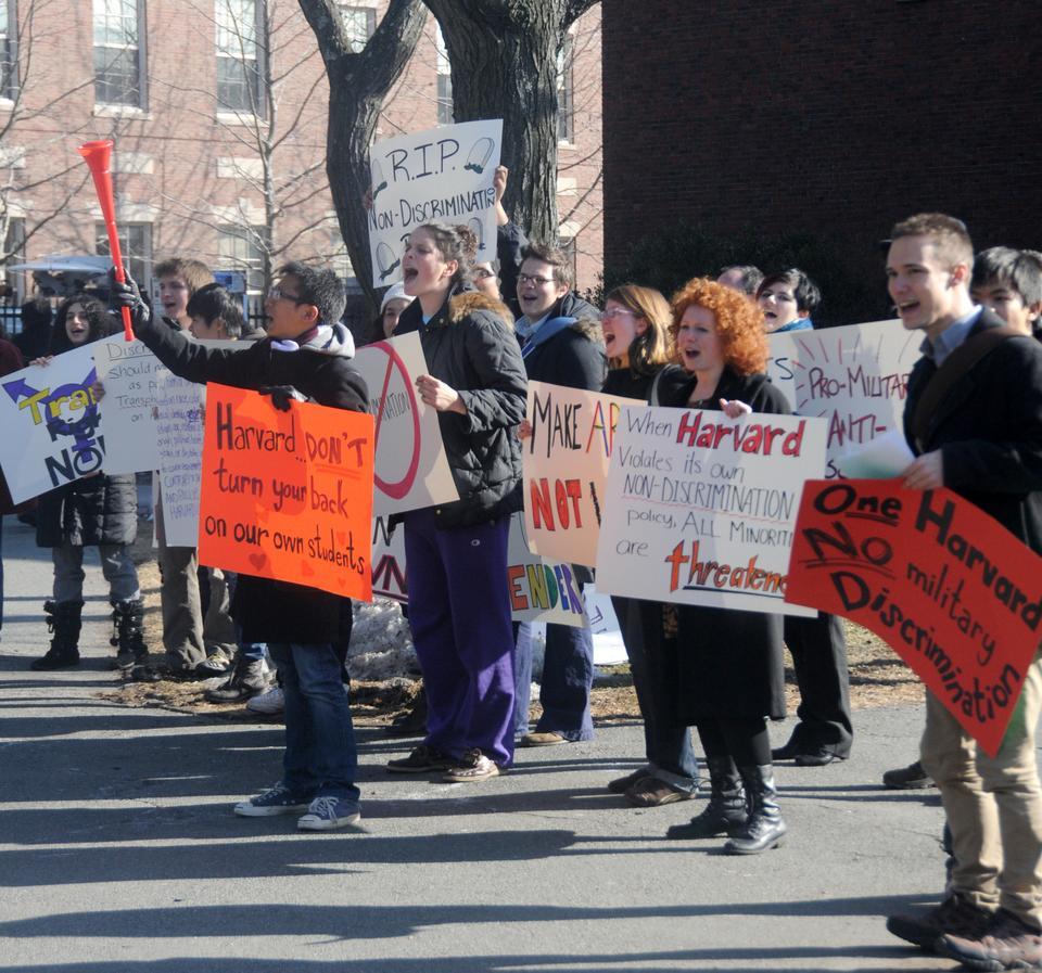 Protesters were outside Loeb House for the entire signing ceremony, reciting "No ROTC without trans equality!" and other chants.