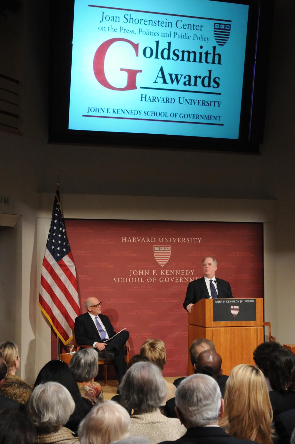 Frank Rich '71, longtime columnist for the New York Times who recently announced he is moving to New York Magazine, answers audience questions after receiving the Goldsmith Career Award for Excellence in Journalism at the Kennedy School.