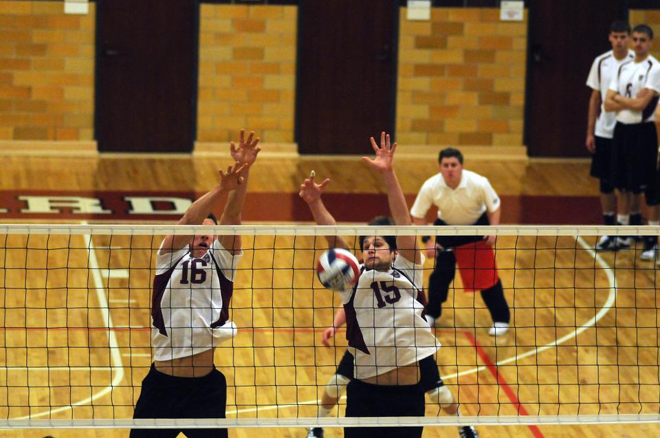 Freshman Nick Madden, left, and Chris Gibbons, right, are two of Harvard’s four rookie starters. The Crimson’s freshman class has helped the team post an 8-5 record so far this season. Next up for Harvard is Cal State Northridge, whom the Crimson will play on Saturday. 