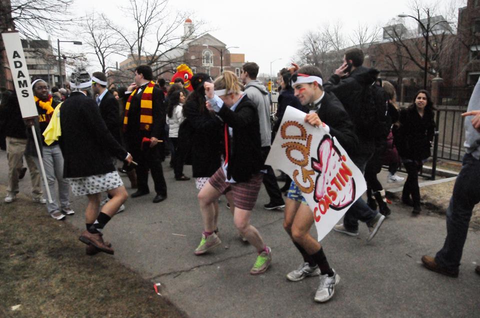 Adams House brings out their House spirit through dance as freshmen and other Houses look on. 