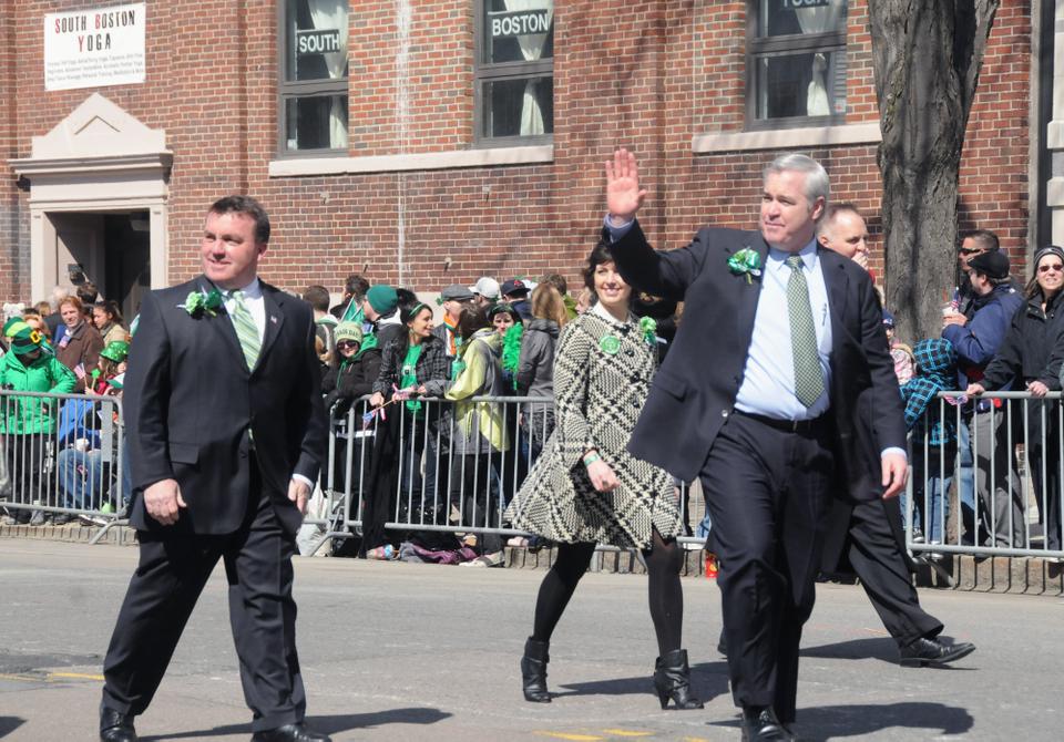 City officials greet the crowds present at the 2011 St. Patrick's Day Parade in Boston. Many other government representatives made an appearance at this year's parade, including ones from the Boston Fire Department and the United States Navy.