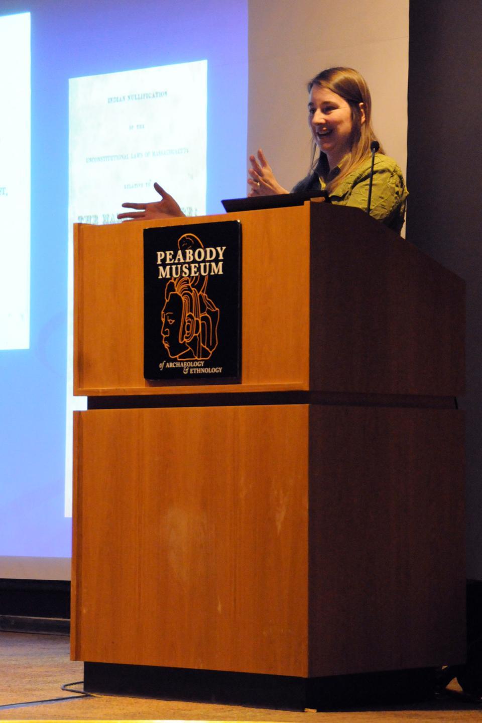 Assistant Professor Lisa Brooks helps dispell the misconception that the history of New England Native Americans was poorly documented during her lecture “Adopting and Adapting Writing in Native Nations of the Northeast” yesterday.