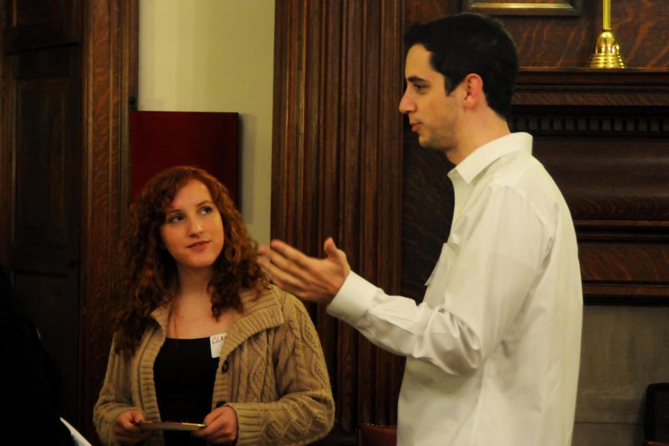 Former Phillips Brooks House Association Treasurer, Zach Lazar ‘04, shares his post-graduate experience with Clarissa Hart ‘14 at the PBHA’s first annual networking mixer last night.
