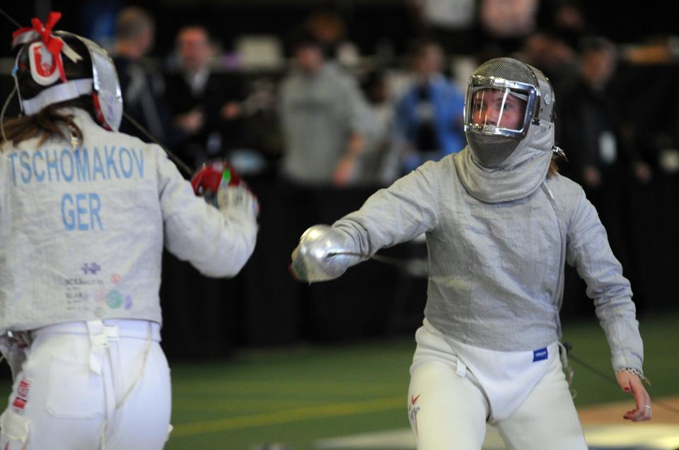Junior co-captain Caroline Vloka, shown here in earlier action, is one of 11 members of the Harvard fencing team competing at the 2011 NCAA Collegiate Fencing Championships in Columbus, Ohio, this weekend. Vloka won the national title in the sabre event at last year’s Championships.